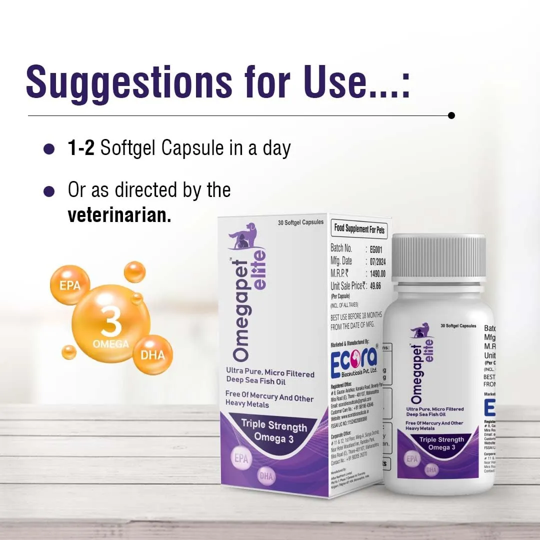 Omegapet Elite Triple Strength Omega 3 Fish Oil Capsules for Dogs and Cats, 30 Softgel Capsules