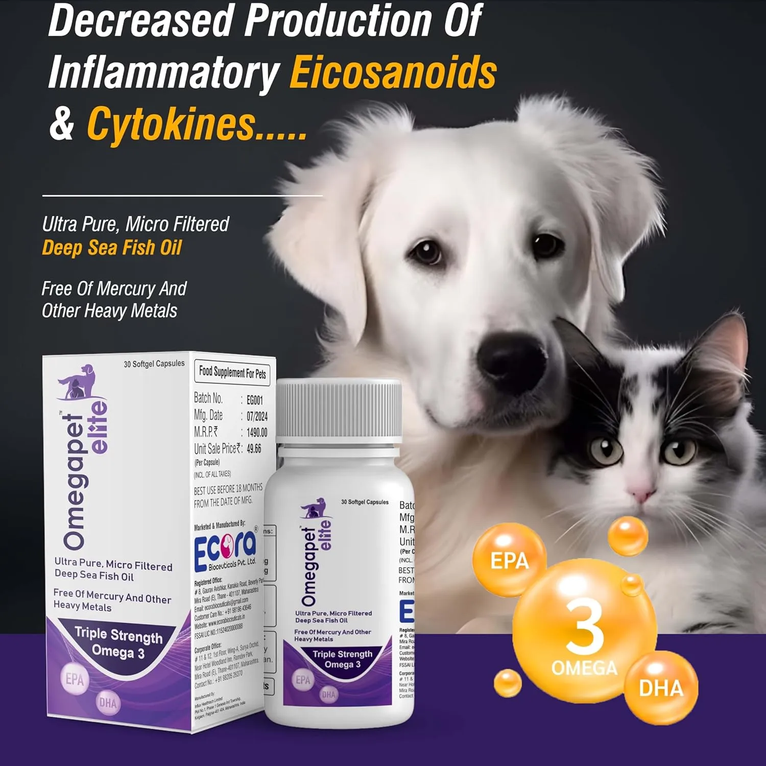 Omegapet Elite Triple Strength Omega 3 Fish Oil Capsules for Dogs and Cats, 30 Softgel Capsules