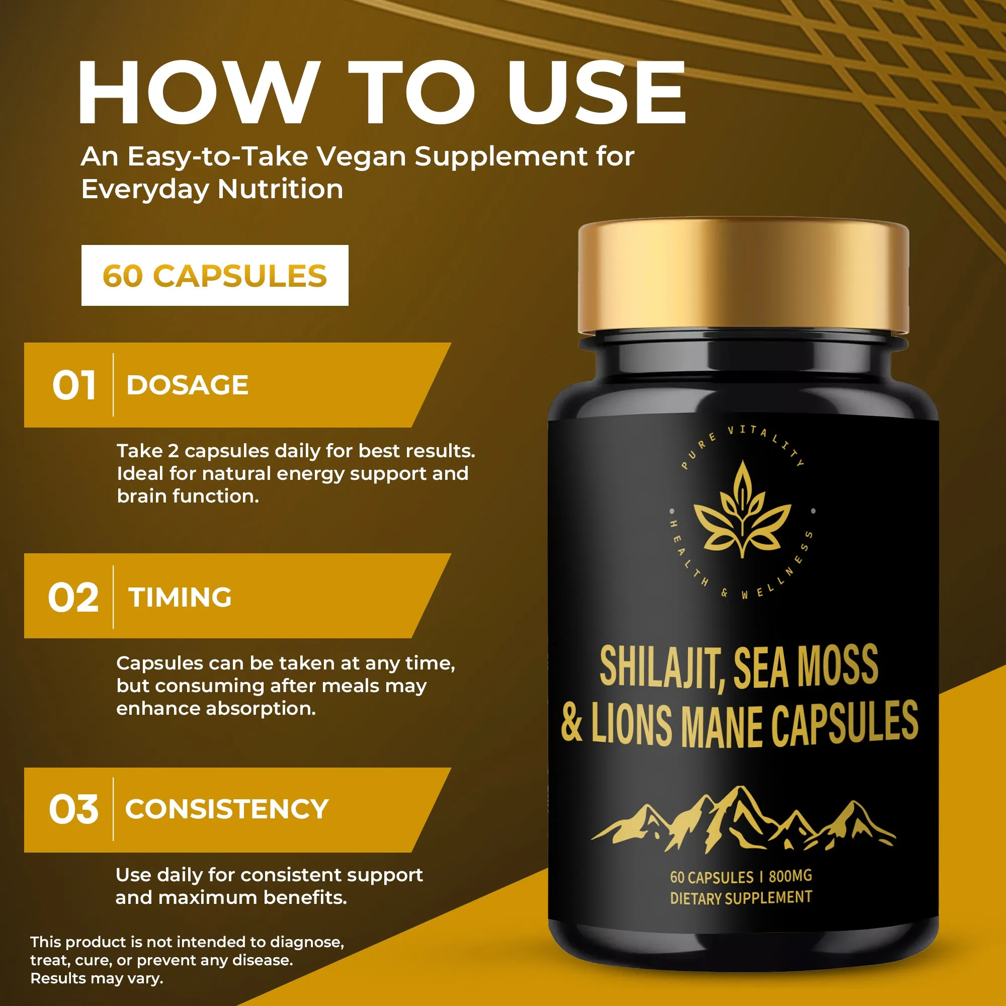 Shilajit, Sea Moss & Lions Mane Capsules  A Natural Plant-Based Food Supplement