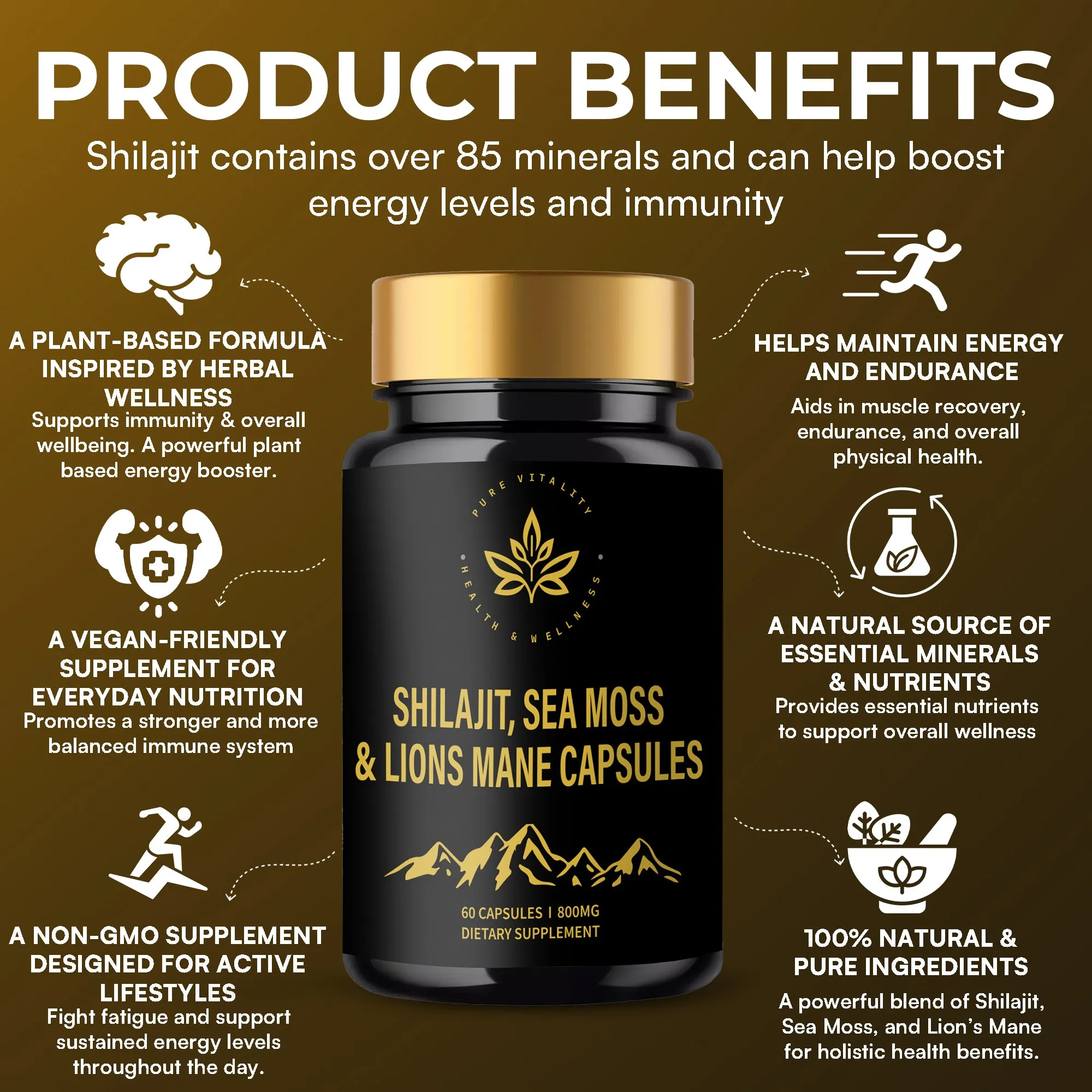 Shilajit, Sea Moss & Lions Mane Capsules  A Natural Plant-Based Food Supplement