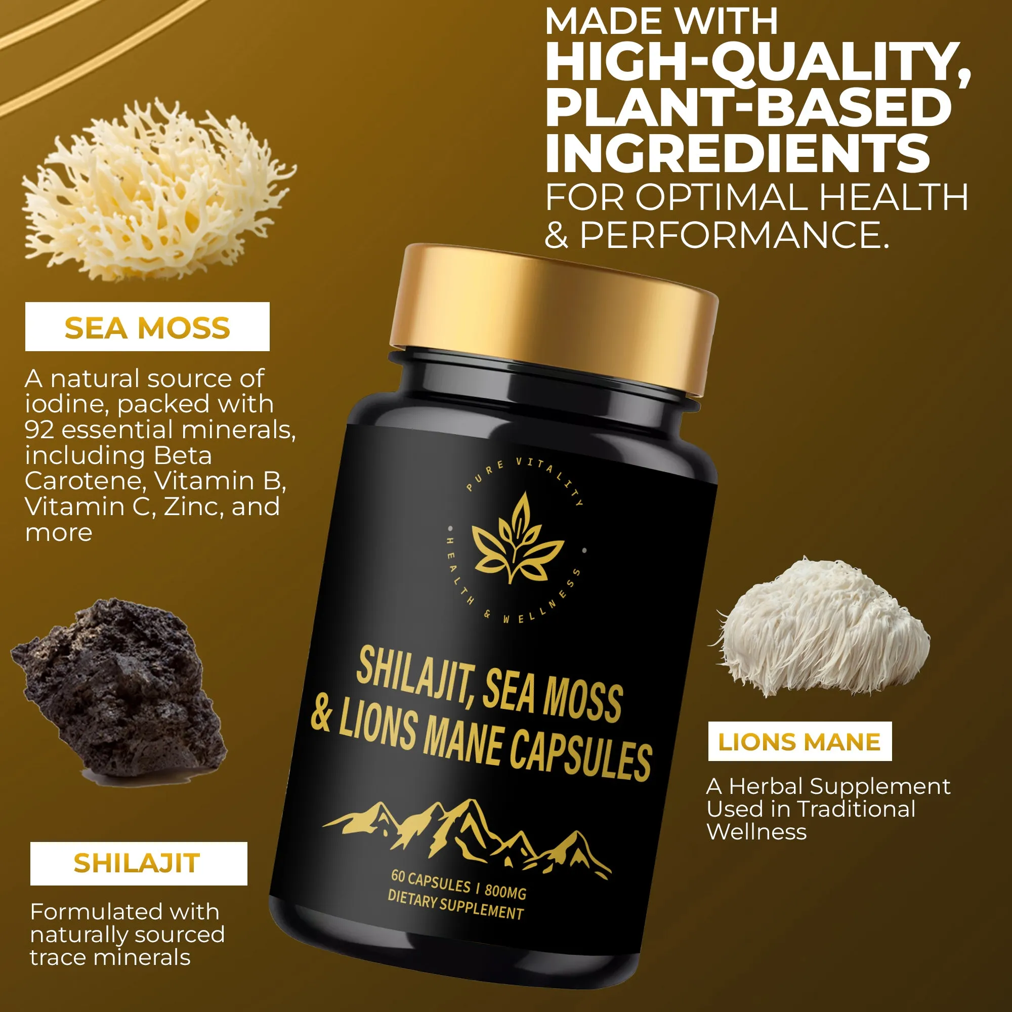 Shilajit, Sea Moss & Lions Mane Capsules  A Natural Plant-Based Food Supplement